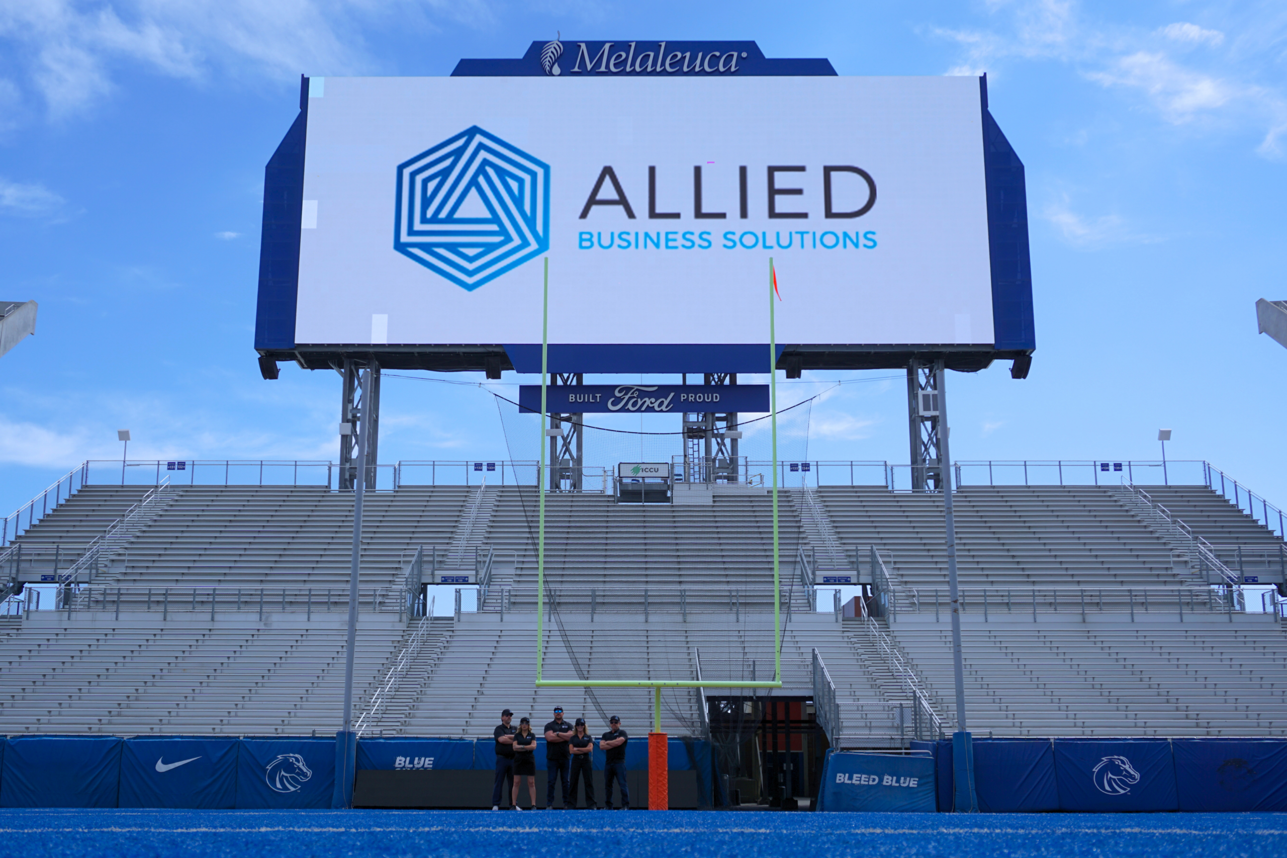 Allied Business Solutions branding at a Boise State Broncos game as Official Business Technology Partner.