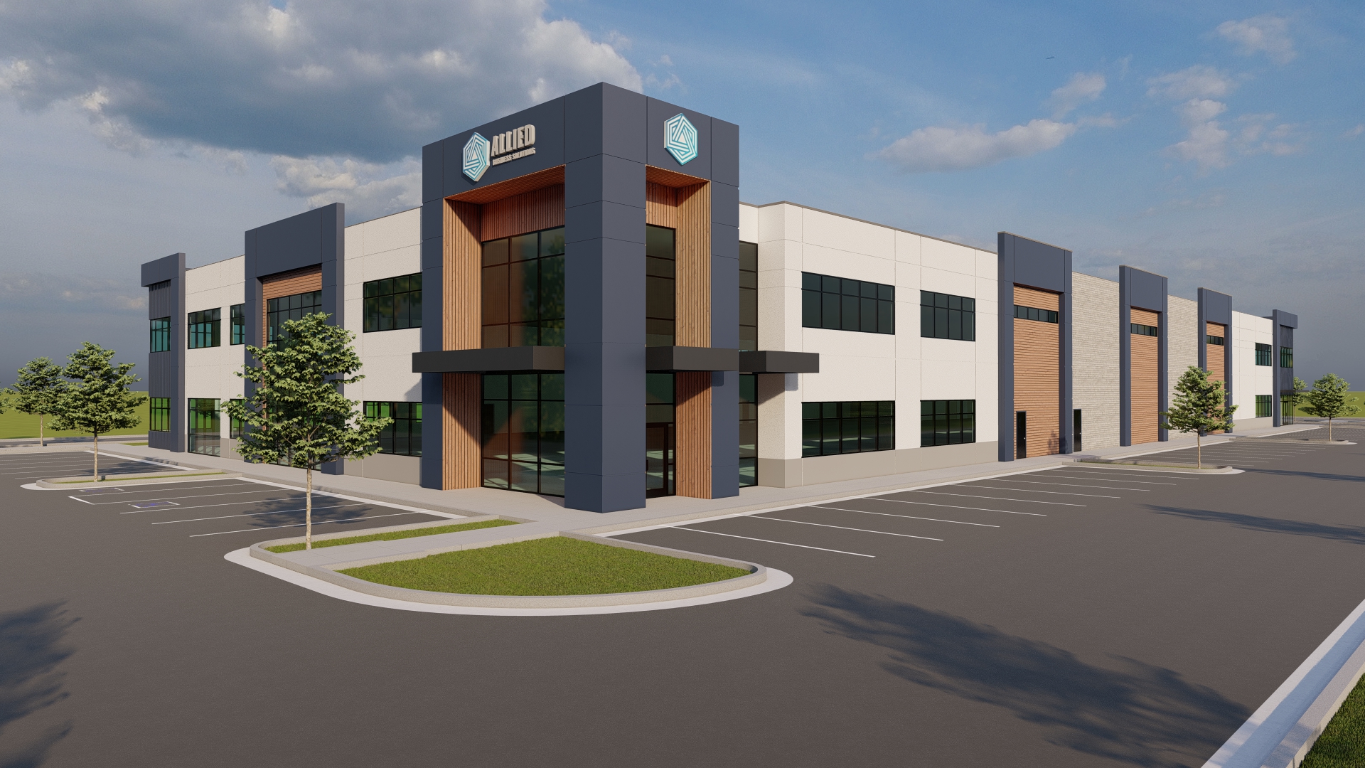 Architectural rendering of the new two story Allied Business Solutions headquarters in Meridian, Idaho.