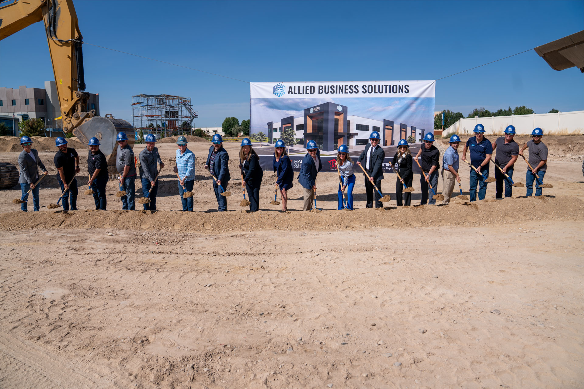 Representatives from Hall and Hill Construction, BRS Architects, and Paradigm Owners Rep Services with Allied leadership at the groundbreaking.